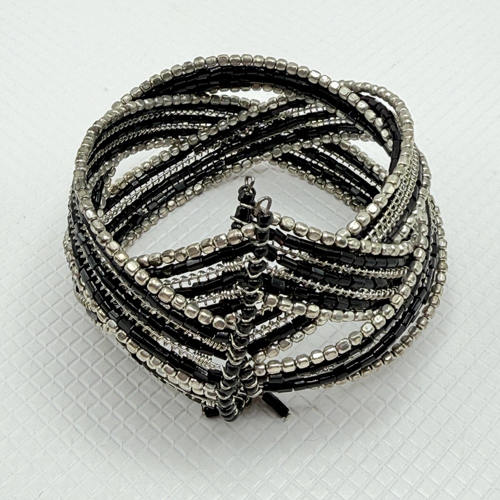 Vintage Black Glass Seed & Silver Tone Metal Braided Bead Weave Cuff Bracelet